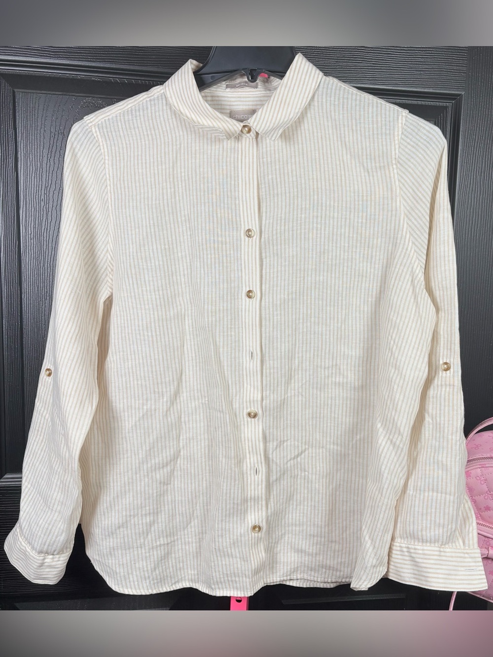 Chico's Cream and Tan Thin-Striped Button Down Shirt